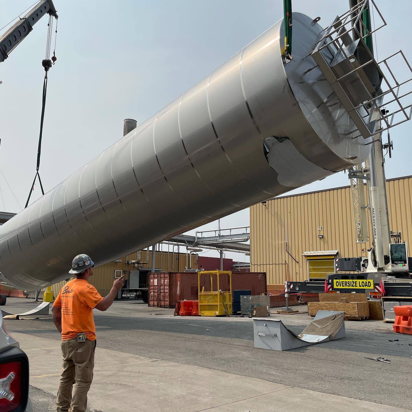 75 ft. long stainless steel tank being installed at the Genesee Brewery