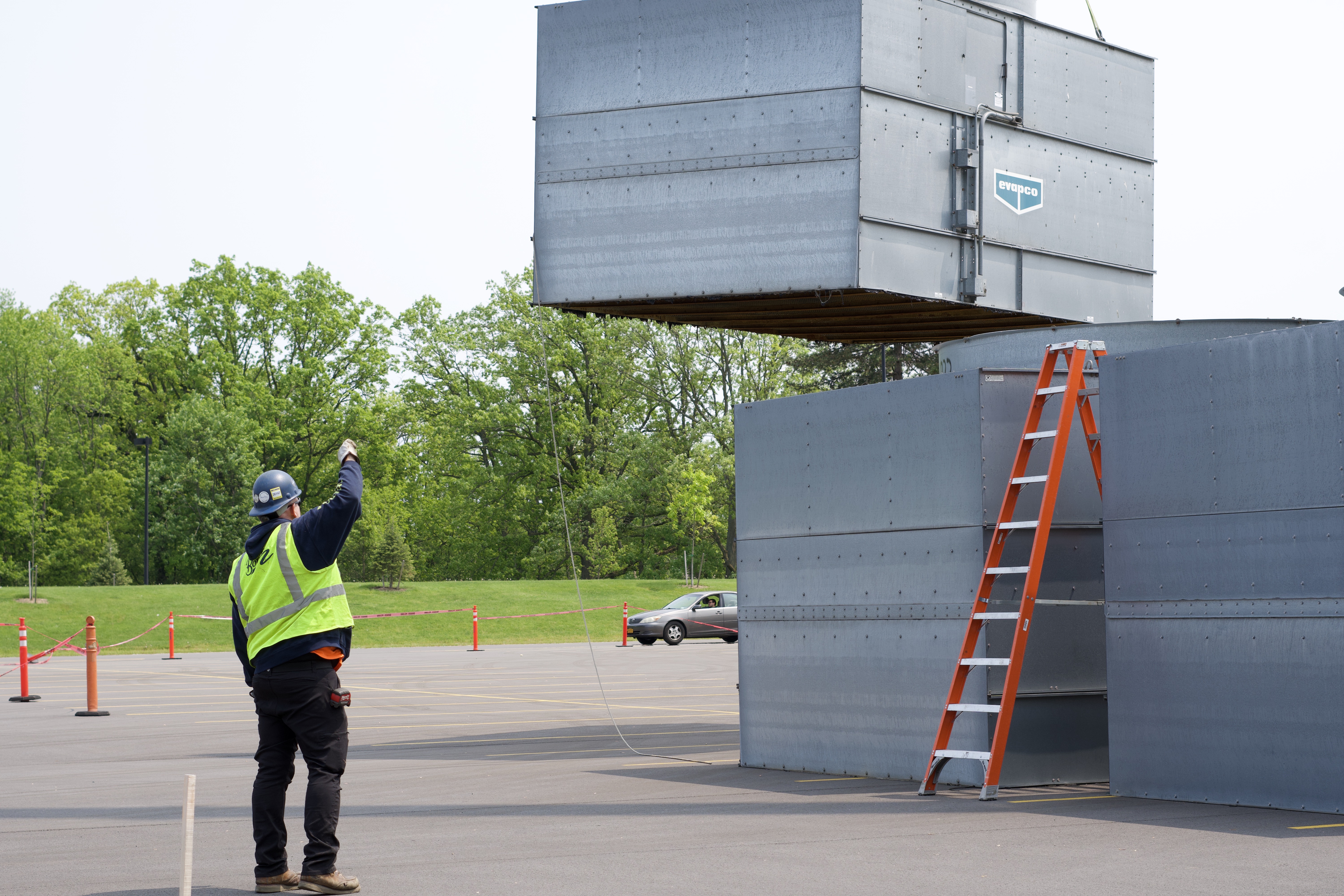 Guiding cooling tower to the ground