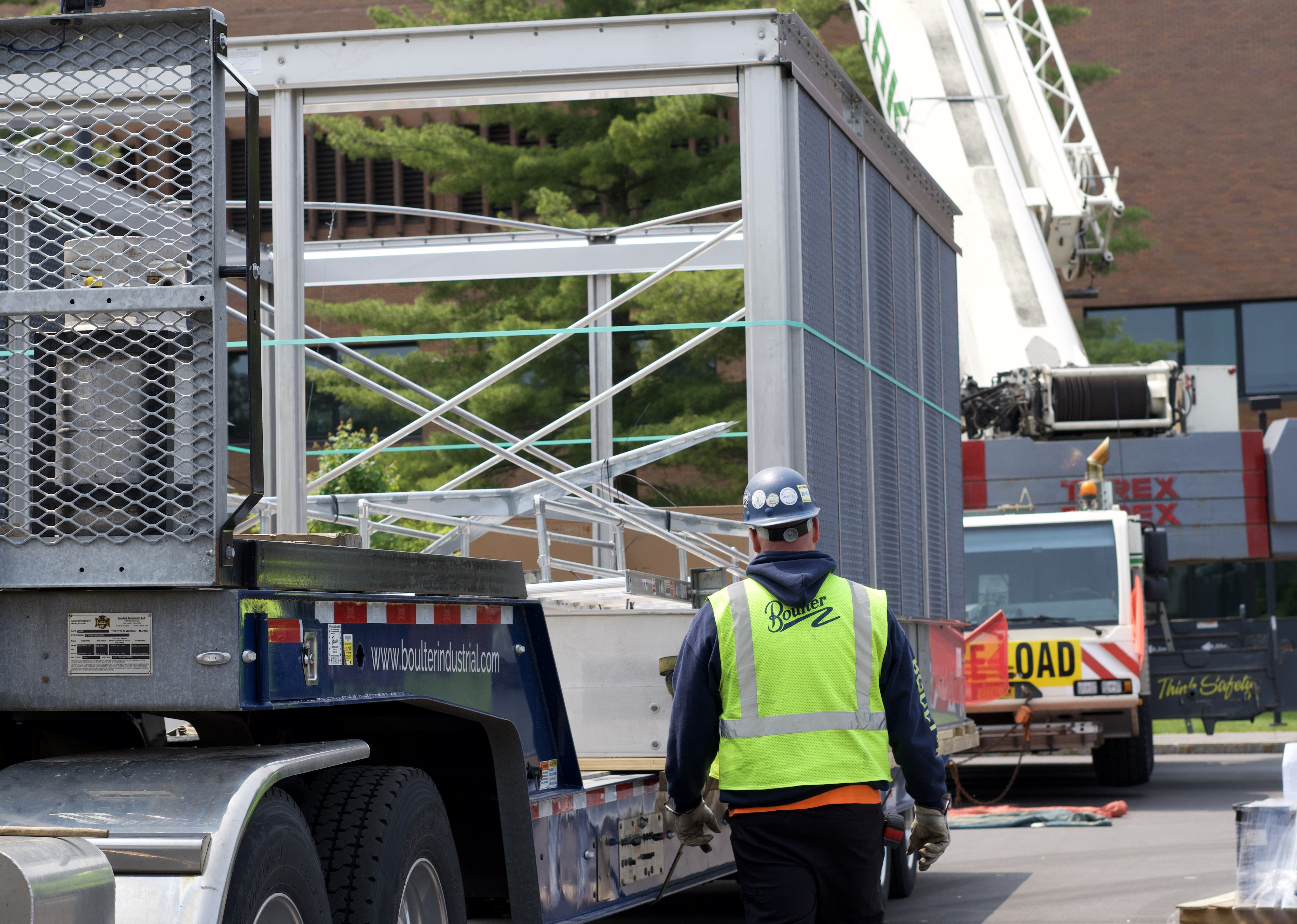 Tractor trailer carrying large cooling tower unit